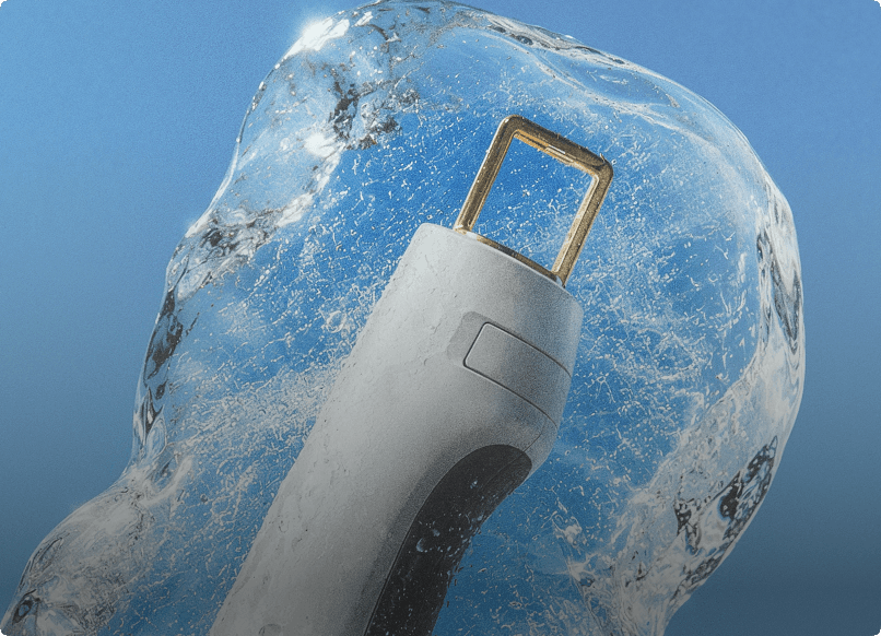 SEV cold air laser device frozen inside a block of ice
